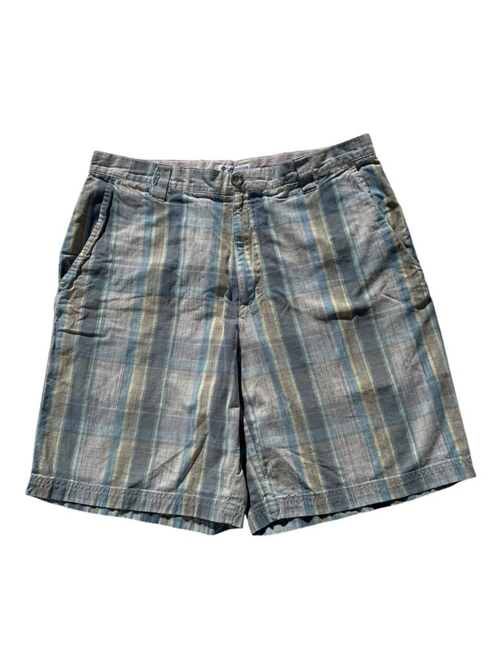 Columbia Sullivan Bay Plaid Shorts Men's 36 Sage Green Blue Khaki Tan AM4542